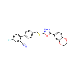 N#Cc1cc(F)ccc1-c1ccc(CSc2nnc(-c3ccc4c(c3)OCCO4)o2)cc1 ZINC000084670358