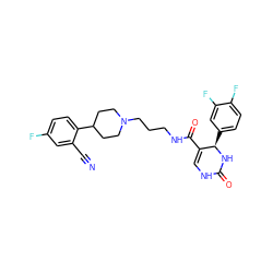 N#Cc1cc(F)ccc1C1CCN(CCCNC(=O)C2=CNC(=O)N[C@@H]2c2ccc(F)c(F)c2)CC1 ZINC000013809173