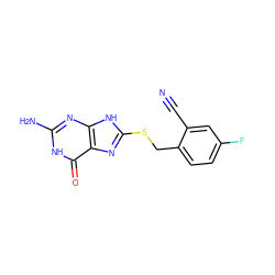 N#Cc1cc(F)ccc1CSc1nc2c(=O)[nH]c(N)nc2[nH]1 ZINC000653895036