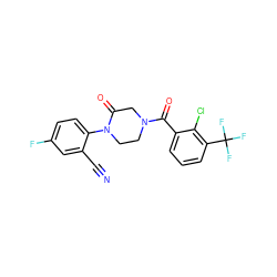 N#Cc1cc(F)ccc1N1CCN(C(=O)c2cccc(C(F)(F)F)c2Cl)CC1=O ZINC000059285507