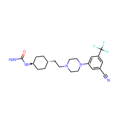 N#Cc1cc(N2CCN(CC[C@H]3CC[C@H](NC(N)=O)CC3)CC2)cc(C(F)(F)F)c1 ZINC000299822445