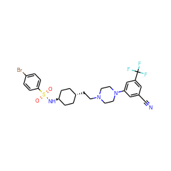 N#Cc1cc(N2CCN(CC[C@H]3CC[C@H](NS(=O)(=O)c4ccc(Br)cc4)CC3)CC2)cc(C(F)(F)F)c1 ZINC000253658994