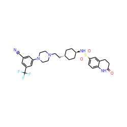 N#Cc1cc(N2CCN(CC[C@H]3CC[C@H](NS(=O)(=O)c4ccc5c(c4)CCC(=O)N5)CC3)CC2)cc(C(F)(F)F)c1 ZINC000253659088