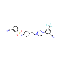 N#Cc1cc(N2CCN(CC[C@H]3CC[C@H](NS(=O)(=O)c4cccc(C#N)c4)CC3)CC2)cc(C(F)(F)F)c1 ZINC000253678128