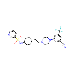 N#Cc1cc(N2CCN(CC[C@H]3CC[C@H](NS(=O)(=O)c4cccnc4)CC3)CC2)cc(C(F)(F)F)c1 ZINC000253862578