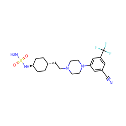 N#Cc1cc(N2CCN(CC[C@H]3CC[C@H](NS(N)(=O)=O)CC3)CC2)cc(C(F)(F)F)c1 ZINC000299824768