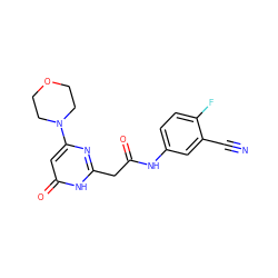 N#Cc1cc(NC(=O)Cc2nc(N3CCOCC3)cc(=O)[nH]2)ccc1F ZINC000115076533
