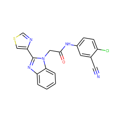 N#Cc1cc(NC(=O)Cn2c(-c3cscn3)nc3ccccc32)ccc1Cl ZINC000053887974