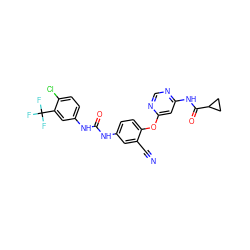 N#Cc1cc(NC(=O)Nc2ccc(Cl)c(C(F)(F)F)c2)ccc1Oc1cc(NC(=O)C2CC2)ncn1 ZINC001772587565