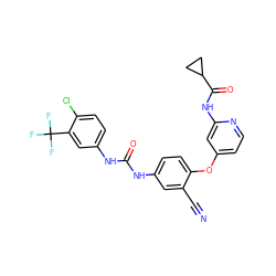 N#Cc1cc(NC(=O)Nc2ccc(Cl)c(C(F)(F)F)c2)ccc1Oc1ccnc(NC(=O)C2CC2)c1 ZINC001772645302