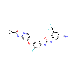 N#Cc1cc(NC(=O)Nc2ccc(Oc3ccnc(NC(=O)C4CC4)c3)c(F)c2)cc(C(F)(F)F)c1 ZINC001772571650