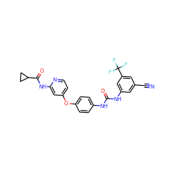 N#Cc1cc(NC(=O)Nc2ccc(Oc3ccnc(NC(=O)C4CC4)c3)cc2)cc(C(F)(F)F)c1 ZINC001772587373