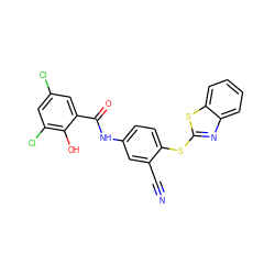 N#Cc1cc(NC(=O)c2cc(Cl)cc(Cl)c2O)ccc1Sc1nc2ccccc2s1 ZINC000026568676