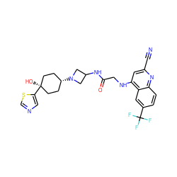 N#Cc1cc(NCC(=O)NC2CN([C@H]3CC[C@](O)(c4cncs4)CC3)C2)c2cc(C(F)(F)F)ccc2n1 ZINC000149109290