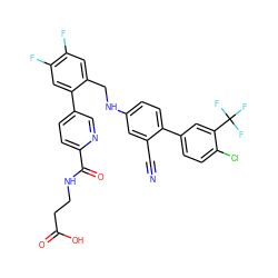 N#Cc1cc(NCc2cc(F)c(F)cc2-c2ccc(C(=O)NCCC(=O)O)nc2)ccc1-c1ccc(Cl)c(C(F)(F)F)c1 ZINC000148081876