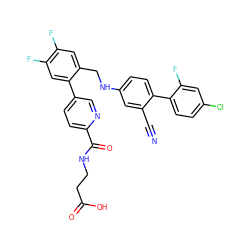 N#Cc1cc(NCc2cc(F)c(F)cc2-c2ccc(C(=O)NCCC(=O)O)nc2)ccc1-c1ccc(Cl)cc1F ZINC000148137189