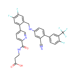 N#Cc1cc(NCc2cc(F)c(F)cc2-c2ccc(C(=O)NCCC(=O)O)nc2)ccc1-c1ccc(F)c(C(F)(F)F)c1 ZINC000148242774