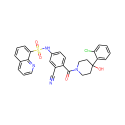 N#Cc1cc(NS(=O)(=O)c2cccc3cccnc23)ccc1C(=O)N1CCC(O)(c2ccccc2Cl)CC1 ZINC000221267596