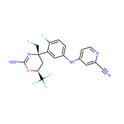 N#Cc1cc(Nc2ccc(F)c([C@]3(CF)C[C@@H](C(F)(F)F)OC(N)=N3)c2)ccn1 ZINC000223529864