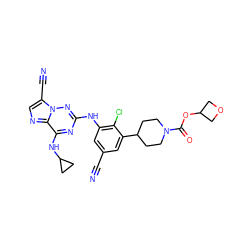 N#Cc1cc(Nc2nc(NC3CC3)c3ncc(C#N)n3n2)c(Cl)c(C2CCN(C(=O)OC3COC3)CC2)c1 ZINC000169711929