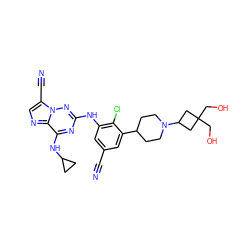 N#Cc1cc(Nc2nc(NC3CC3)c3ncc(C#N)n3n2)c(Cl)c(C2CCN(C3CC(CO)(CO)C3)CC2)c1 ZINC000169711926