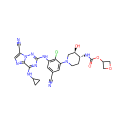 N#Cc1cc(Nc2nc(NC3CC3)c3ncc(C#N)n3n2)c(Cl)c(N2CC[C@@H](NC(=O)OC3COC3)[C@H](O)C2)c1 ZINC000169711922