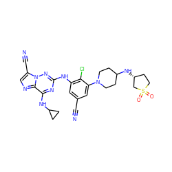 N#Cc1cc(Nc2nc(NC3CC3)c3ncc(C#N)n3n2)c(Cl)c(N2CCC(N[C@@H]3CCS(=O)(=O)C3)CC2)c1 ZINC000169711904