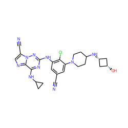 N#Cc1cc(Nc2nc(NC3CC3)c3ncc(C#N)n3n2)c(Cl)c(N2CCC(N[C@H]3C[C@@H](O)C3)CC2)c1 ZINC000261108256