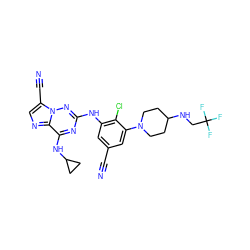 N#Cc1cc(Nc2nc(NC3CC3)c3ncc(C#N)n3n2)c(Cl)c(N2CCC(NCC(F)(F)F)CC2)c1 ZINC000169711907