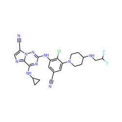 N#Cc1cc(Nc2nc(NC3CC3)c3ncc(C#N)n3n2)c(Cl)c(N2CCC(NCC(F)F)CC2)c1 ZINC000169711908