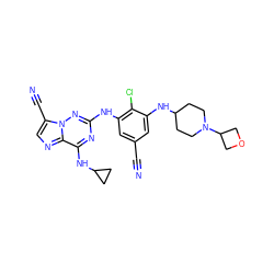 N#Cc1cc(Nc2nc(NC3CC3)c3ncc(C#N)n3n2)c(Cl)c(NC2CCN(C3COC3)CC2)c1 ZINC000169711964