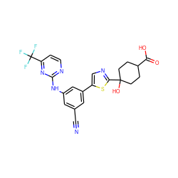 N#Cc1cc(Nc2nccc(C(F)(F)F)n2)cc(-c2cnc(C3(O)CCC(C(=O)O)CC3)s2)c1 ZINC000221386818