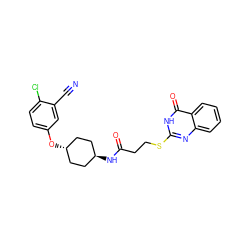 N#Cc1cc(O[C@H]2CC[C@H](NC(=O)CCSc3nc4ccccc4c(=O)[nH]3)CC2)ccc1Cl ZINC000299846999