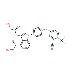 N#Cc1cc(Oc2ccc(-n3cc(C[C@H](O)CO)c4c([C@@H](O)CO)cccc43)cc2)ccc1C(F)(F)F ZINC000146646174