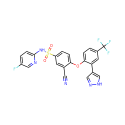 N#Cc1cc(S(=O)(=O)Nc2ccc(F)cn2)ccc1Oc1ccc(C(F)(F)F)cc1-c1cn[nH]c1 ZINC000095582897