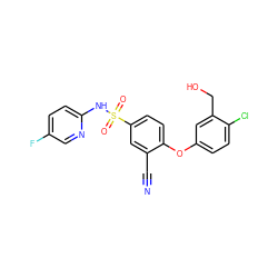 N#Cc1cc(S(=O)(=O)Nc2ccc(F)cn2)ccc1Oc1ccc(Cl)c(CO)c1 ZINC000473228818