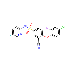 N#Cc1cc(S(=O)(=O)Nc2ccc(F)cn2)ccc1Oc1ccc(Cl)cc1I ZINC000473194478