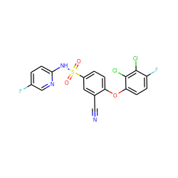 N#Cc1cc(S(=O)(=O)Nc2ccc(F)cn2)ccc1Oc1ccc(F)c(Cl)c1Cl ZINC000473199143