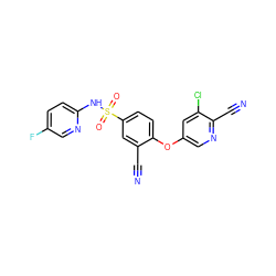 N#Cc1cc(S(=O)(=O)Nc2ccc(F)cn2)ccc1Oc1cnc(C#N)c(Cl)c1 ZINC000473194458