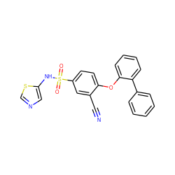 N#Cc1cc(S(=O)(=O)Nc2cncs2)ccc1Oc1ccccc1-c1ccccc1 ZINC000095585335