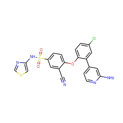N#Cc1cc(S(=O)(=O)Nc2cscn2)ccc1Oc1ccc(Cl)cc1-c1ccnc(N)c1 ZINC000095583580