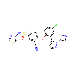 N#Cc1cc(S(=O)(=O)Nc2cscn2)ccc1Oc1ccc(Cl)cc1-c1ccnn1C1CNC1 ZINC000095585703