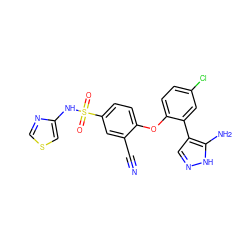 N#Cc1cc(S(=O)(=O)Nc2cscn2)ccc1Oc1ccc(Cl)cc1-c1cn[nH]c1N ZINC000095582328
