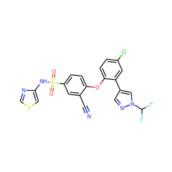 N#Cc1cc(S(=O)(=O)Nc2cscn2)ccc1Oc1ccc(Cl)cc1-c1cnn(C(F)F)c1 ZINC000095581619