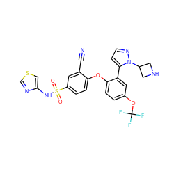 N#Cc1cc(S(=O)(=O)Nc2cscn2)ccc1Oc1ccc(OC(F)(F)F)cc1-c1ccnn1C1CNC1 ZINC000095583457