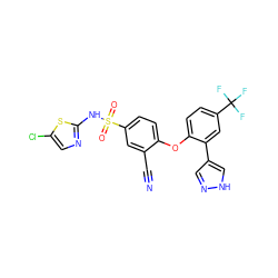 N#Cc1cc(S(=O)(=O)Nc2ncc(Cl)s2)ccc1Oc1ccc(C(F)(F)F)cc1-c1cn[nH]c1 ZINC000095584295