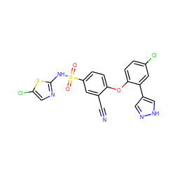 N#Cc1cc(S(=O)(=O)Nc2ncc(Cl)s2)ccc1Oc1ccc(Cl)cc1-c1cn[nH]c1 ZINC000095584152