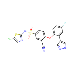 N#Cc1cc(S(=O)(=O)Nc2ncc(Cl)s2)ccc1Oc1ccc(F)cc1-c1cn[nH]c1 ZINC000095585639