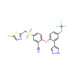N#Cc1cc(S(=O)(=O)Nc2ncc(Cl)s2)ccc1Oc1ccc(OC(F)(F)F)cc1-c1cn[nH]c1 ZINC000095584969