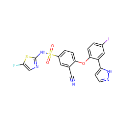 N#Cc1cc(S(=O)(=O)Nc2ncc(F)s2)ccc1Oc1ccc(I)cc1-c1ccn[nH]1 ZINC000095582015